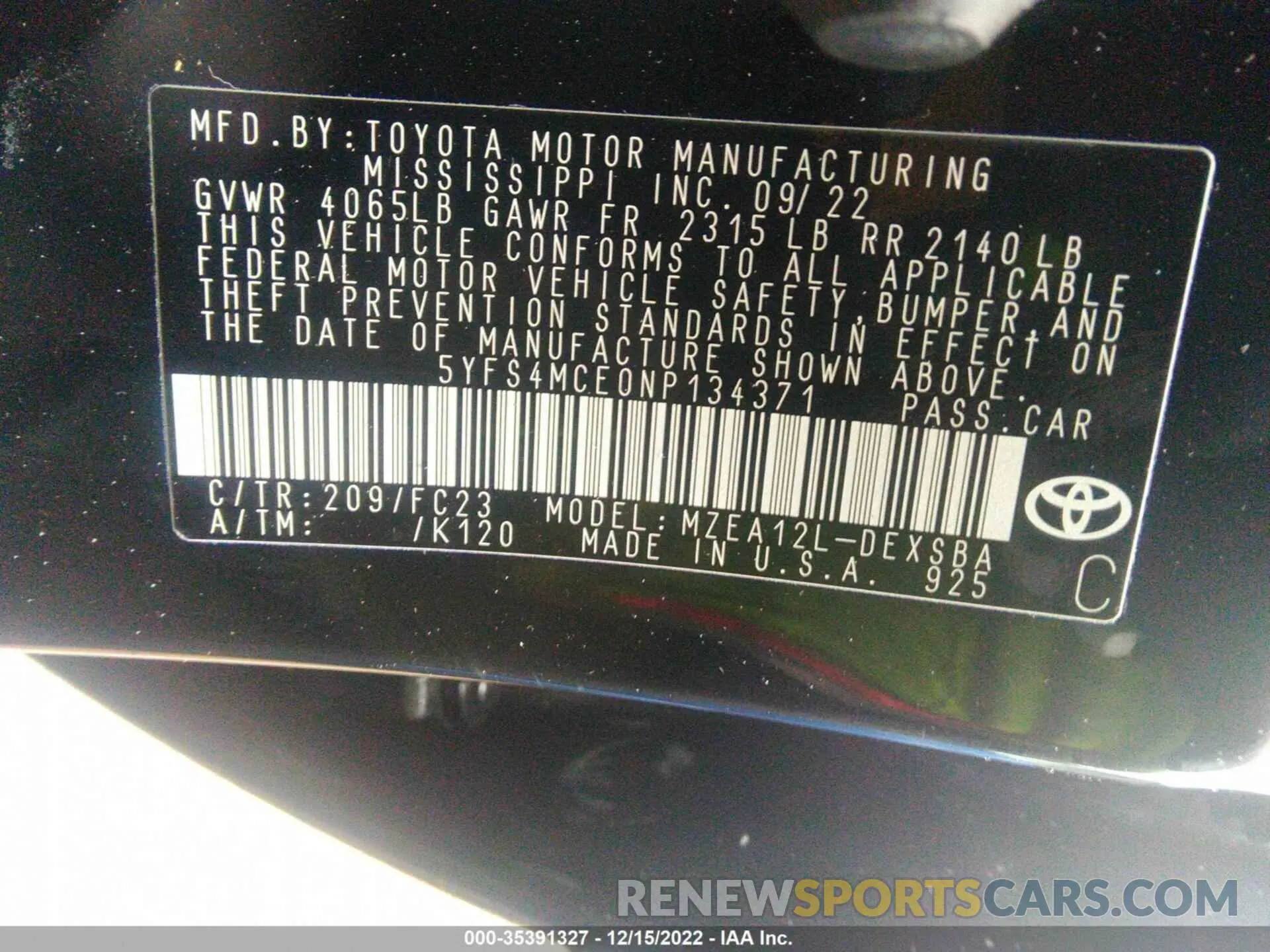 9 Photograph of a damaged car 5YFS4MCE0NP134371 TOYOTA COROLLA 2022