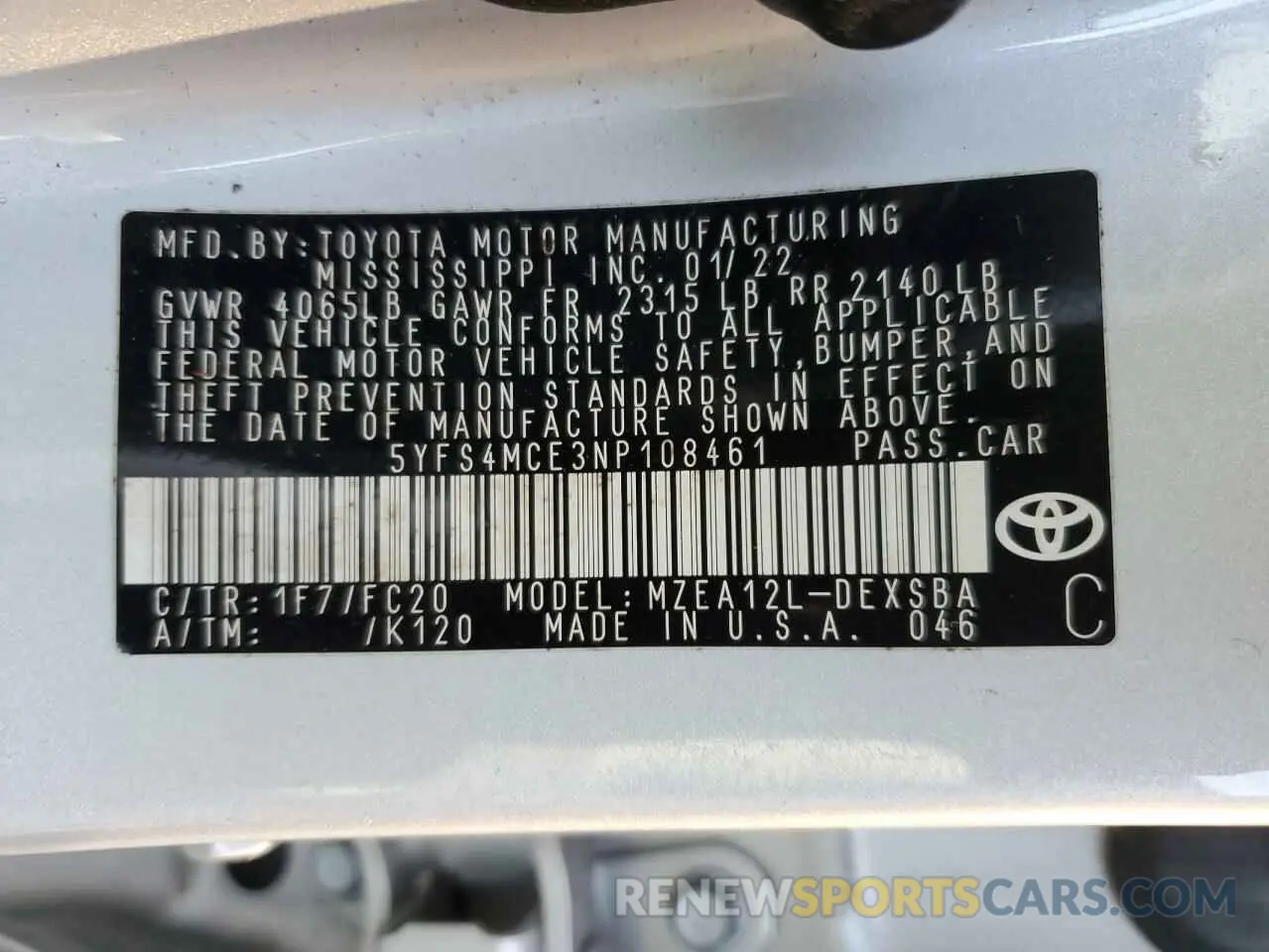 13 Photograph of a damaged car 5YFS4MCE3NP108461 TOYOTA COROLLA 2022