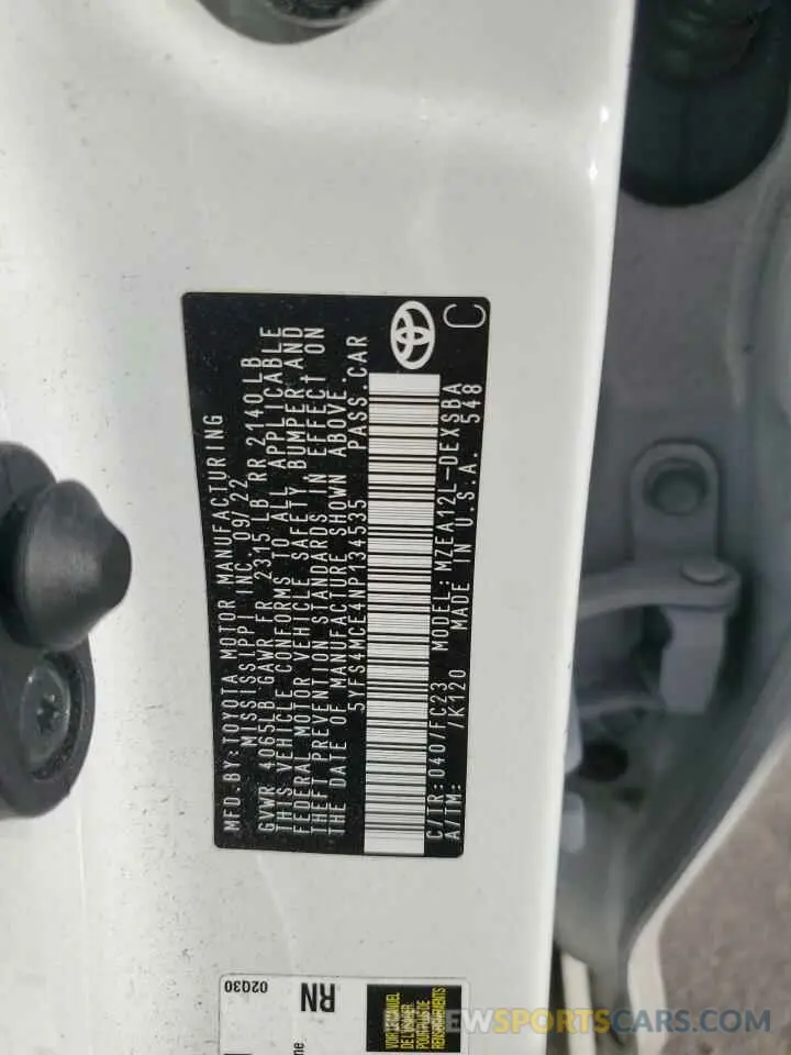 13 Photograph of a damaged car 5YFS4MCE4NP134535 TOYOTA COROLLA 2022