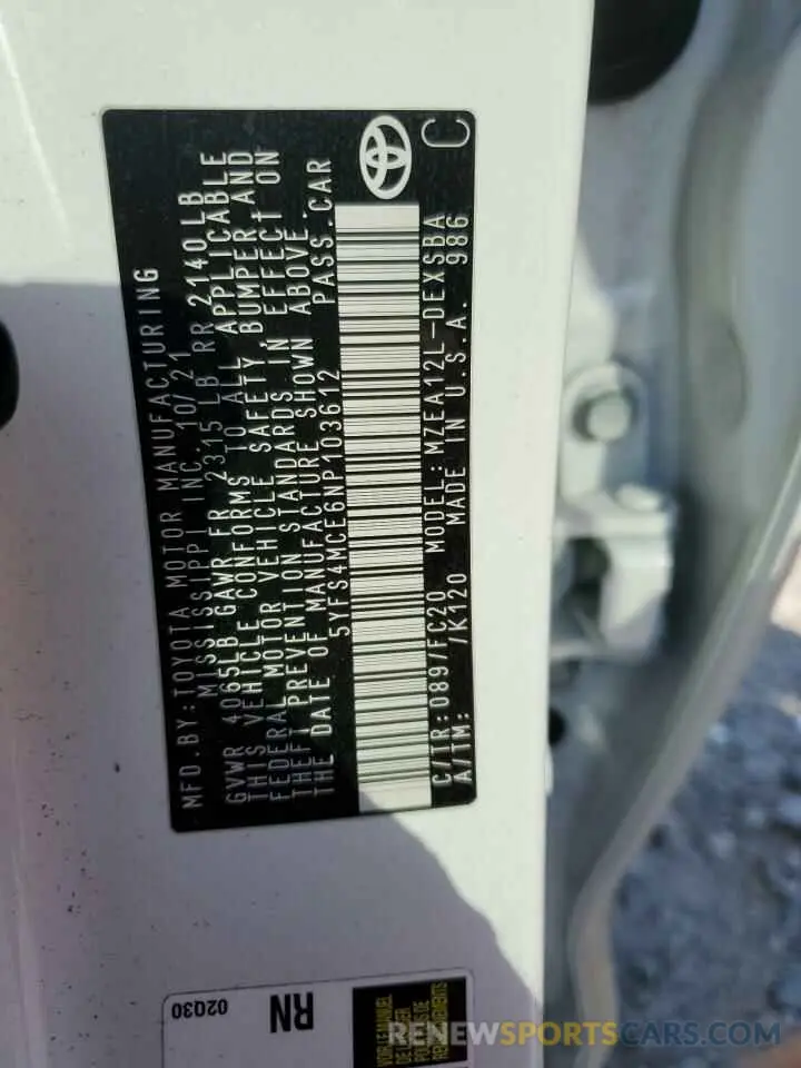 12 Photograph of a damaged car 5YFS4MCE6NP103612 TOYOTA COROLLA 2022