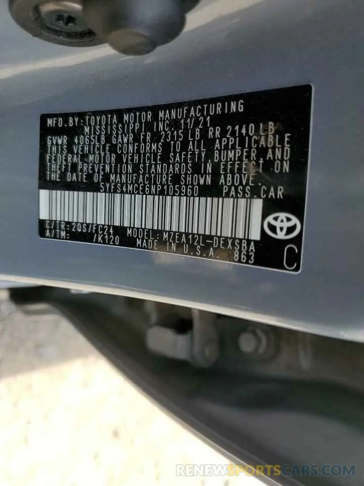 12 Photograph of a damaged car 5YFS4MCE6NP105960 TOYOTA COROLLA 2022