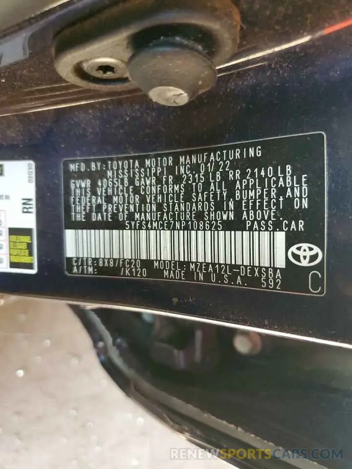 13 Photograph of a damaged car 5YFS4MCE7NP108625 TOYOTA COROLLA 2022