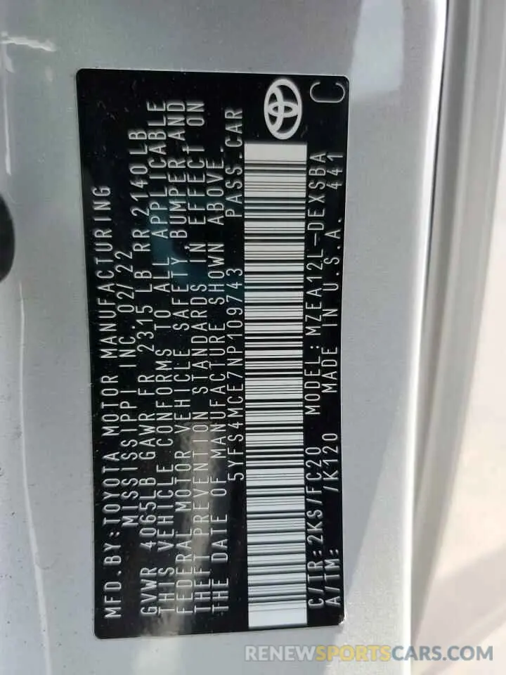 13 Photograph of a damaged car 5YFS4MCE7NP109743 TOYOTA COROLLA 2022