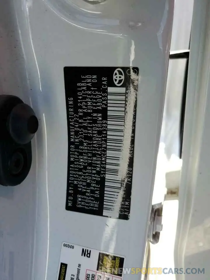 12 Photograph of a damaged car 5YFS4MCE7NP114389 TOYOTA COROLLA 2022