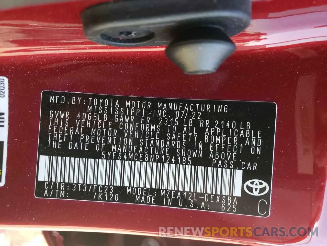 12 Photograph of a damaged car 5YFS4MCE8NP124185 TOYOTA COROLLA 2022