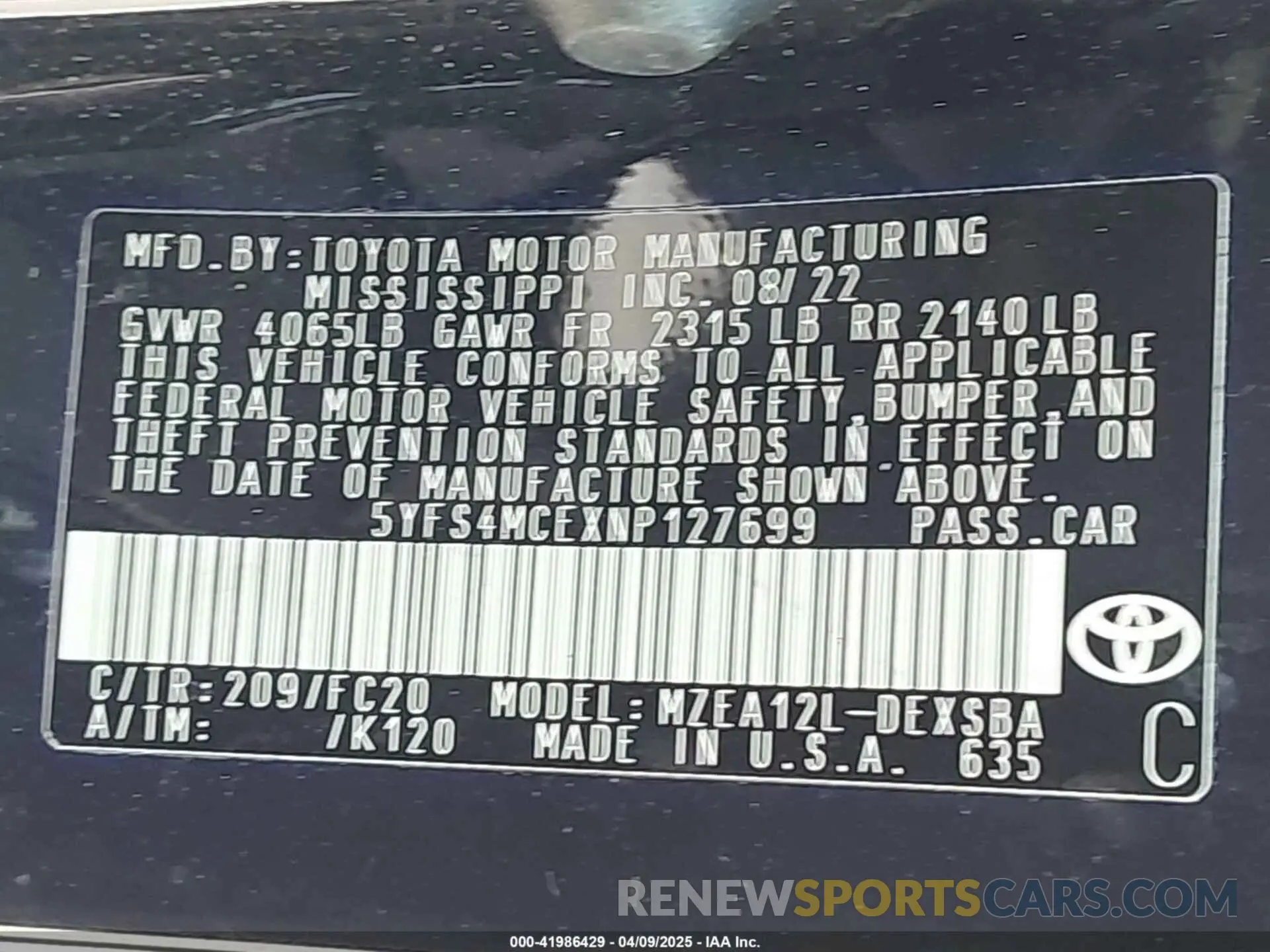 9 Photograph of a damaged car 5YFS4MCEXNP127699 TOYOTA COROLLA 2022