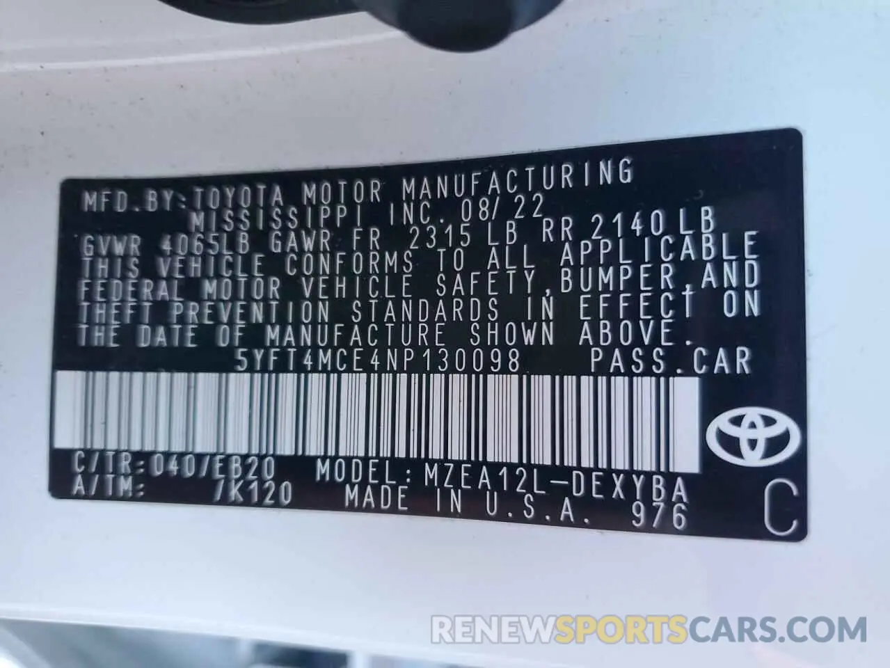13 Photograph of a damaged car 5YFT4MCE4NP130098 TOYOTA COROLLA 2022