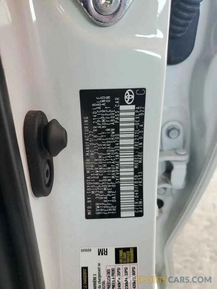 12 Photograph of a damaged car 5YFVPMAE1NP304700 TOYOTA COROLLA 2022