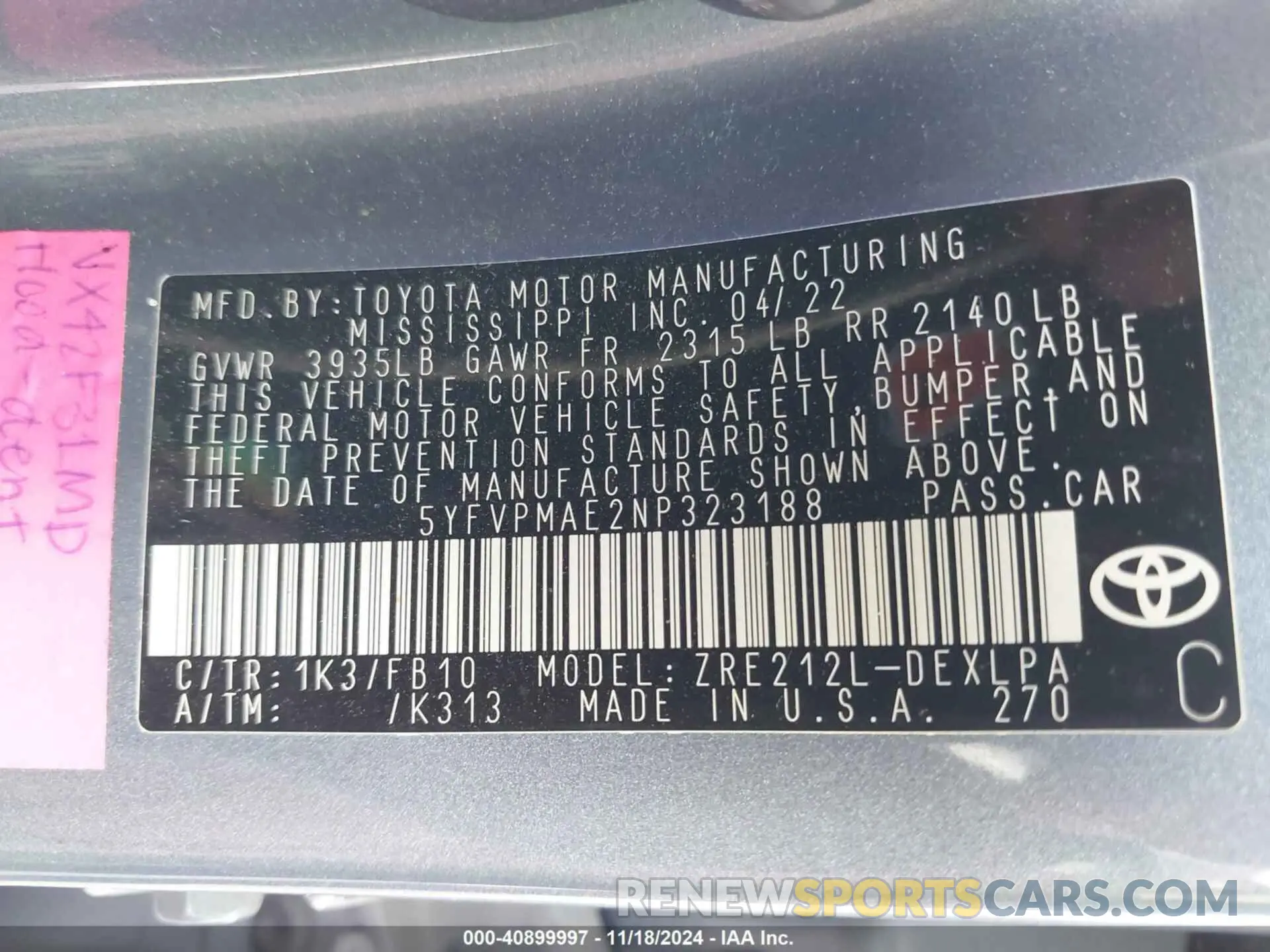 9 Photograph of a damaged car 5YFVPMAE2NP323188 TOYOTA COROLLA 2022