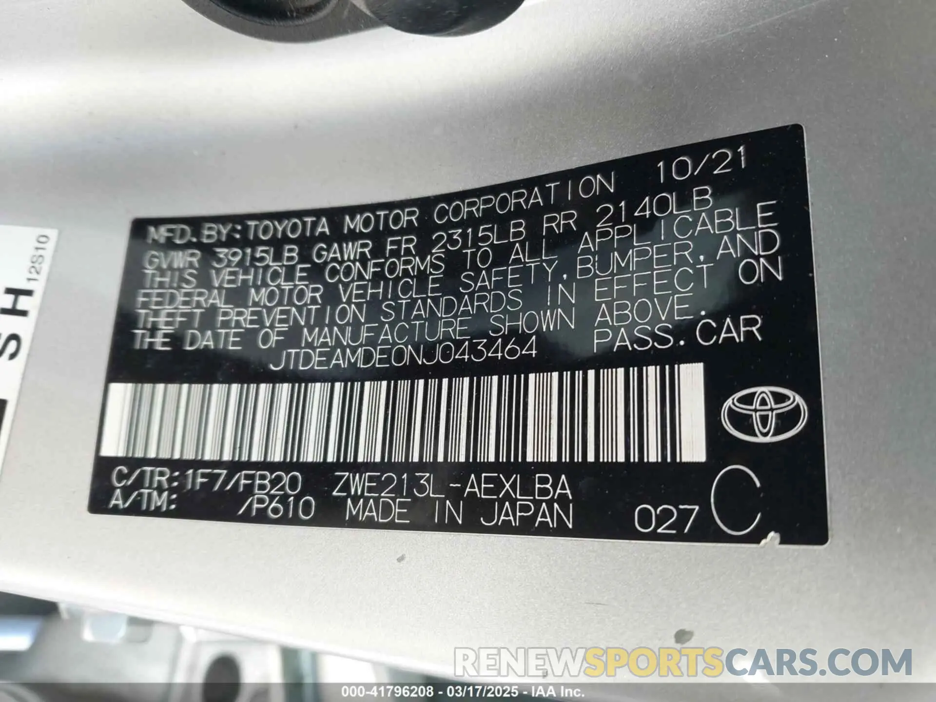 9 Photograph of a damaged car JTDEAMDE0NJ043464 TOYOTA COROLLA 2022