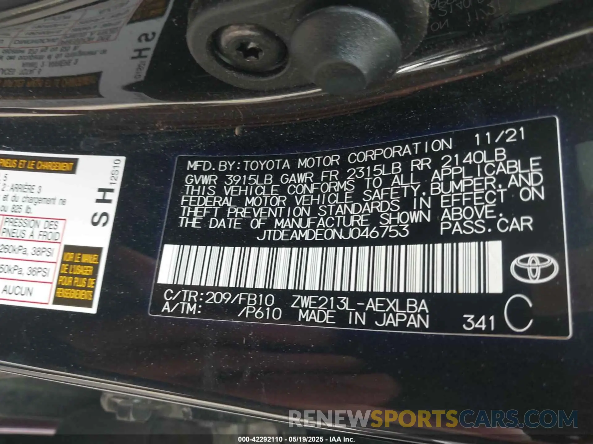9 Photograph of a damaged car JTDEAMDE0NJ046753 TOYOTA COROLLA 2022