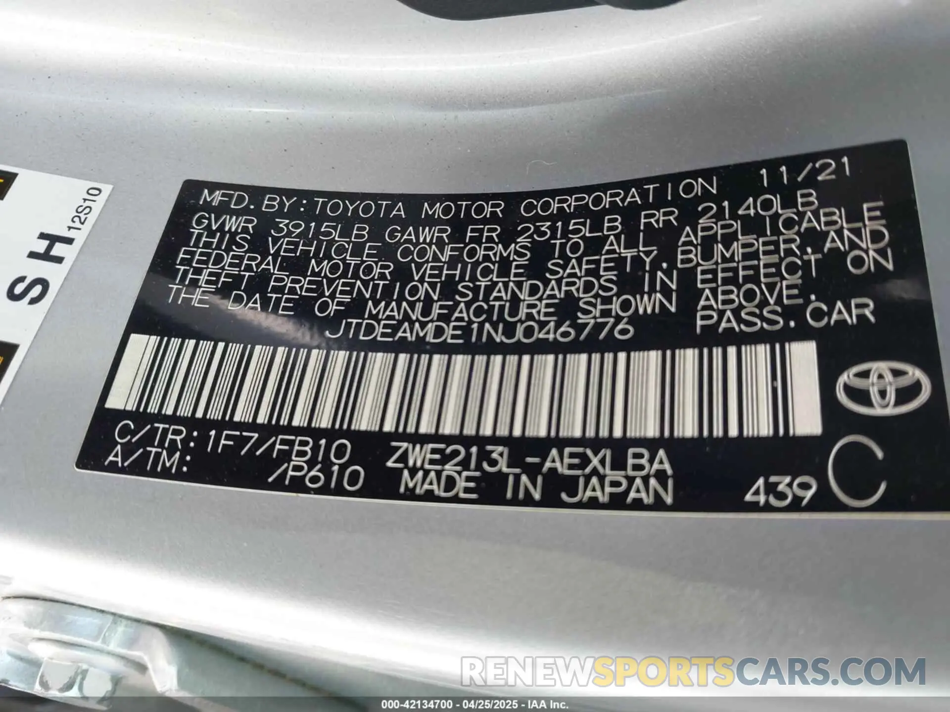 9 Photograph of a damaged car JTDEAMDE1NJ046776 TOYOTA COROLLA 2022