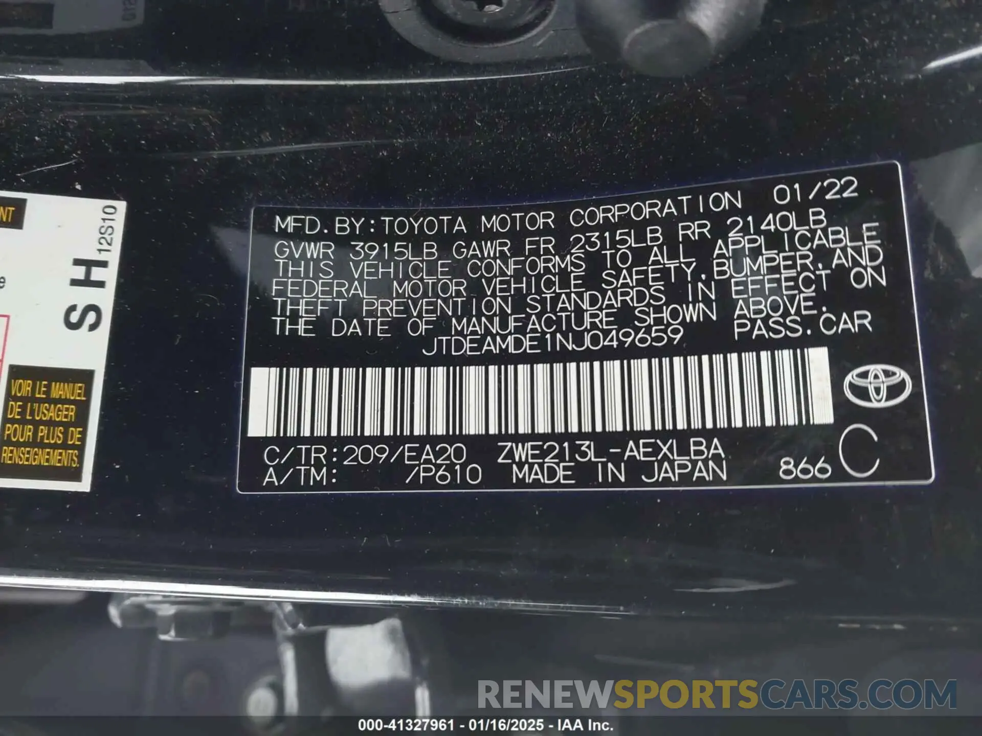 9 Photograph of a damaged car JTDEAMDE1NJ049659 TOYOTA COROLLA 2022