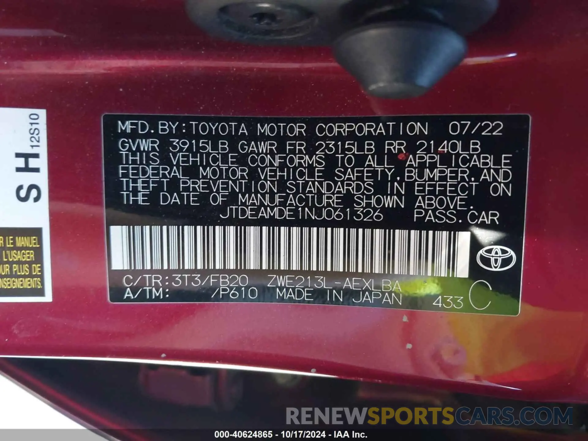 9 Photograph of a damaged car JTDEAMDE1NJ061326 TOYOTA COROLLA 2022