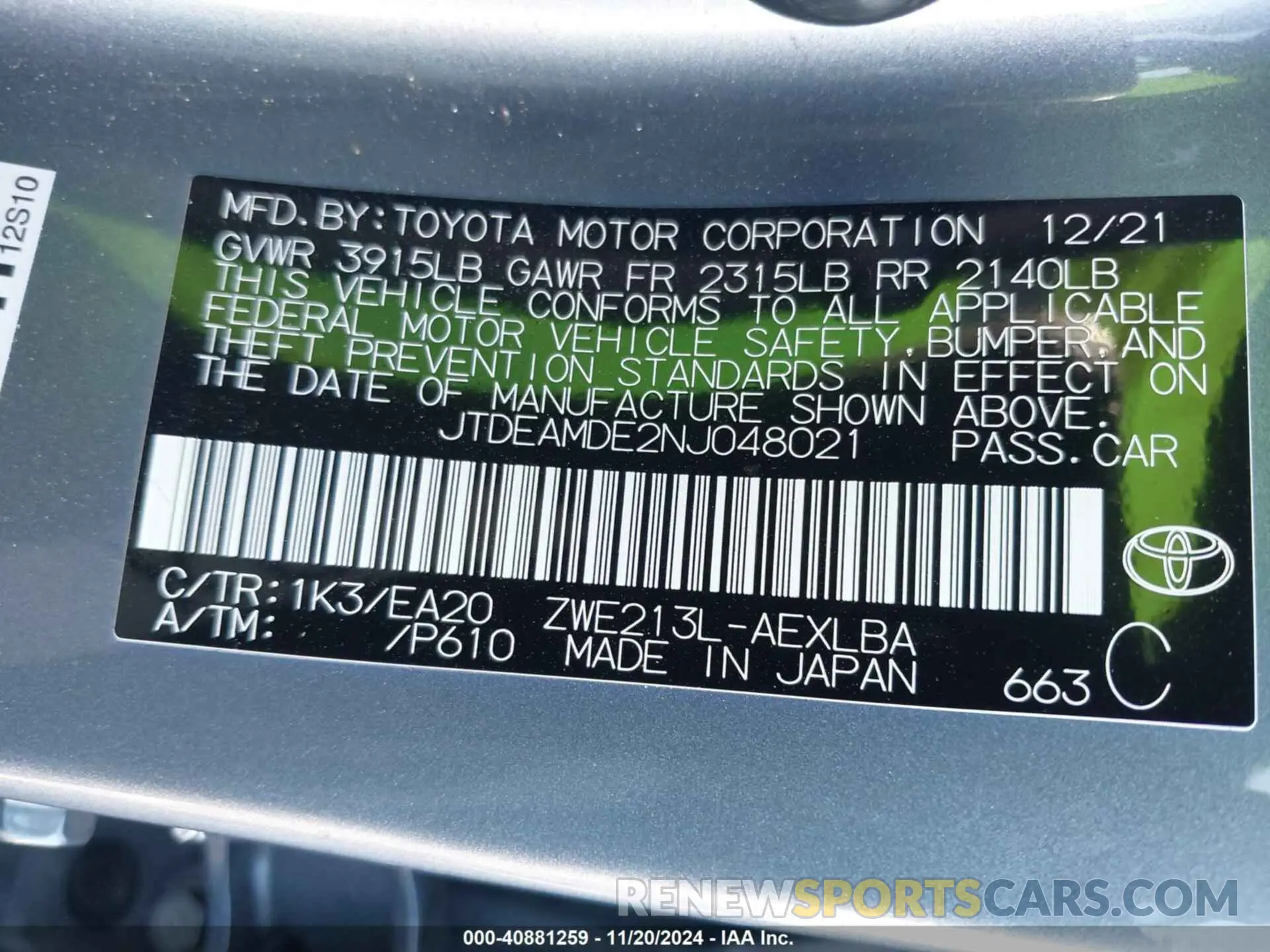 9 Photograph of a damaged car JTDEAMDE2NJ048021 TOYOTA COROLLA 2022