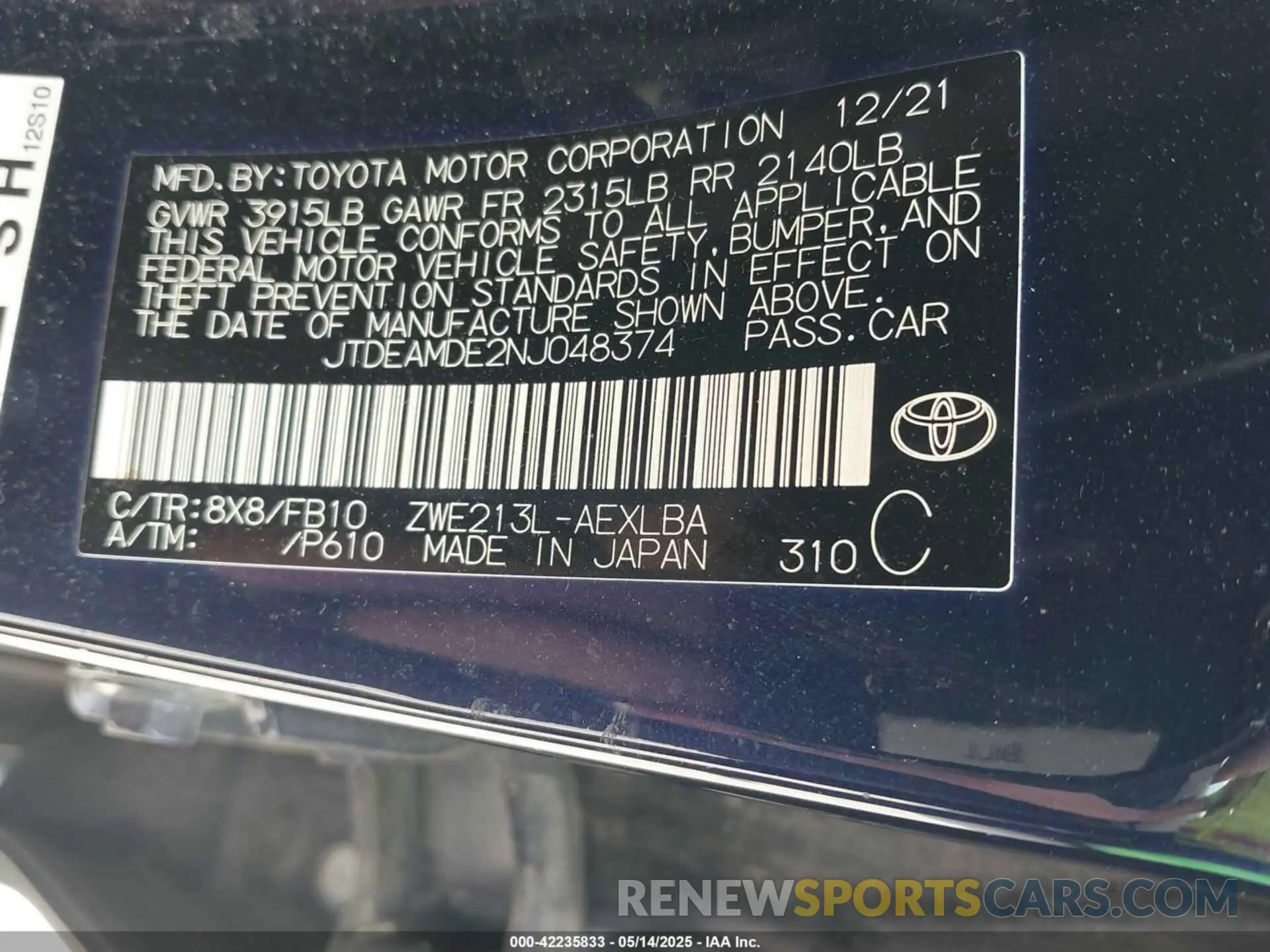 9 Photograph of a damaged car JTDEAMDE2NJ048374 TOYOTA COROLLA 2022
