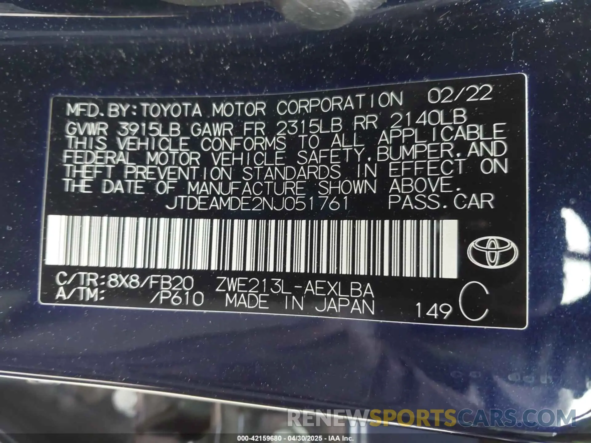9 Photograph of a damaged car JTDEAMDE2NJ051761 TOYOTA COROLLA 2022
