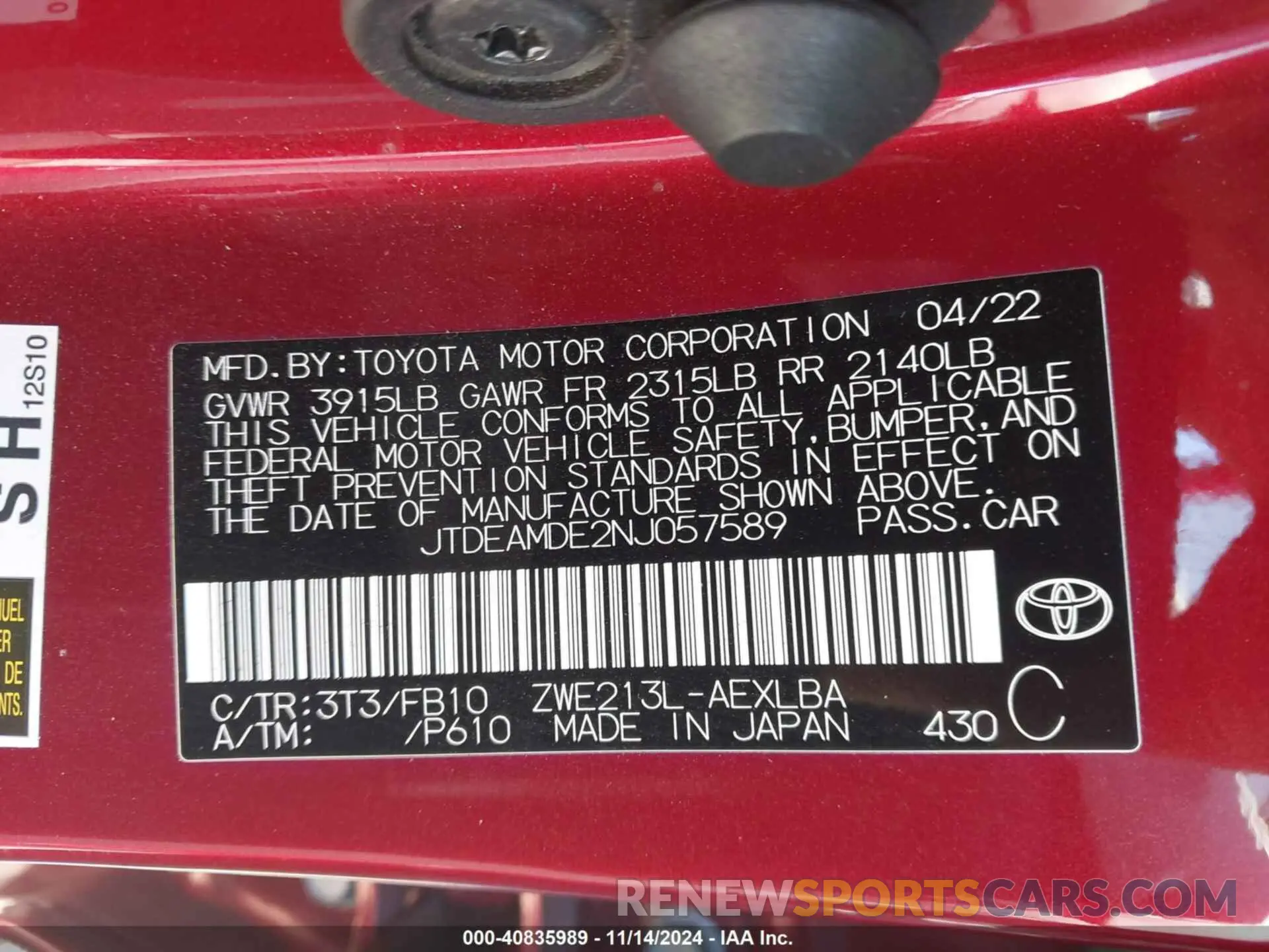 9 Photograph of a damaged car JTDEAMDE2NJ057589 TOYOTA COROLLA 2022