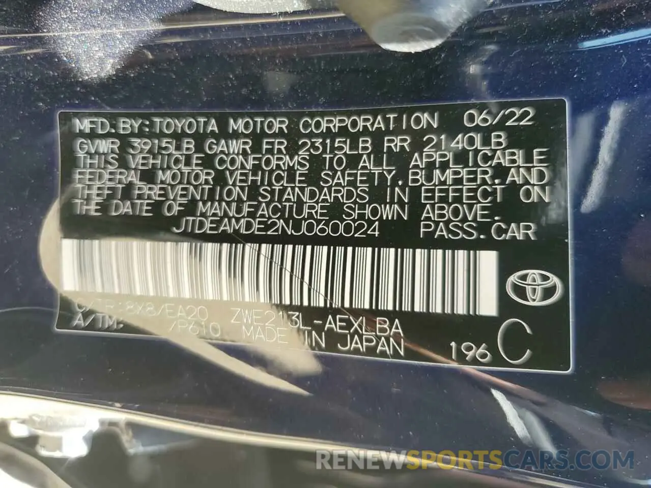 13 Photograph of a damaged car JTDEAMDE2NJ060024 TOYOTA COROLLA 2022