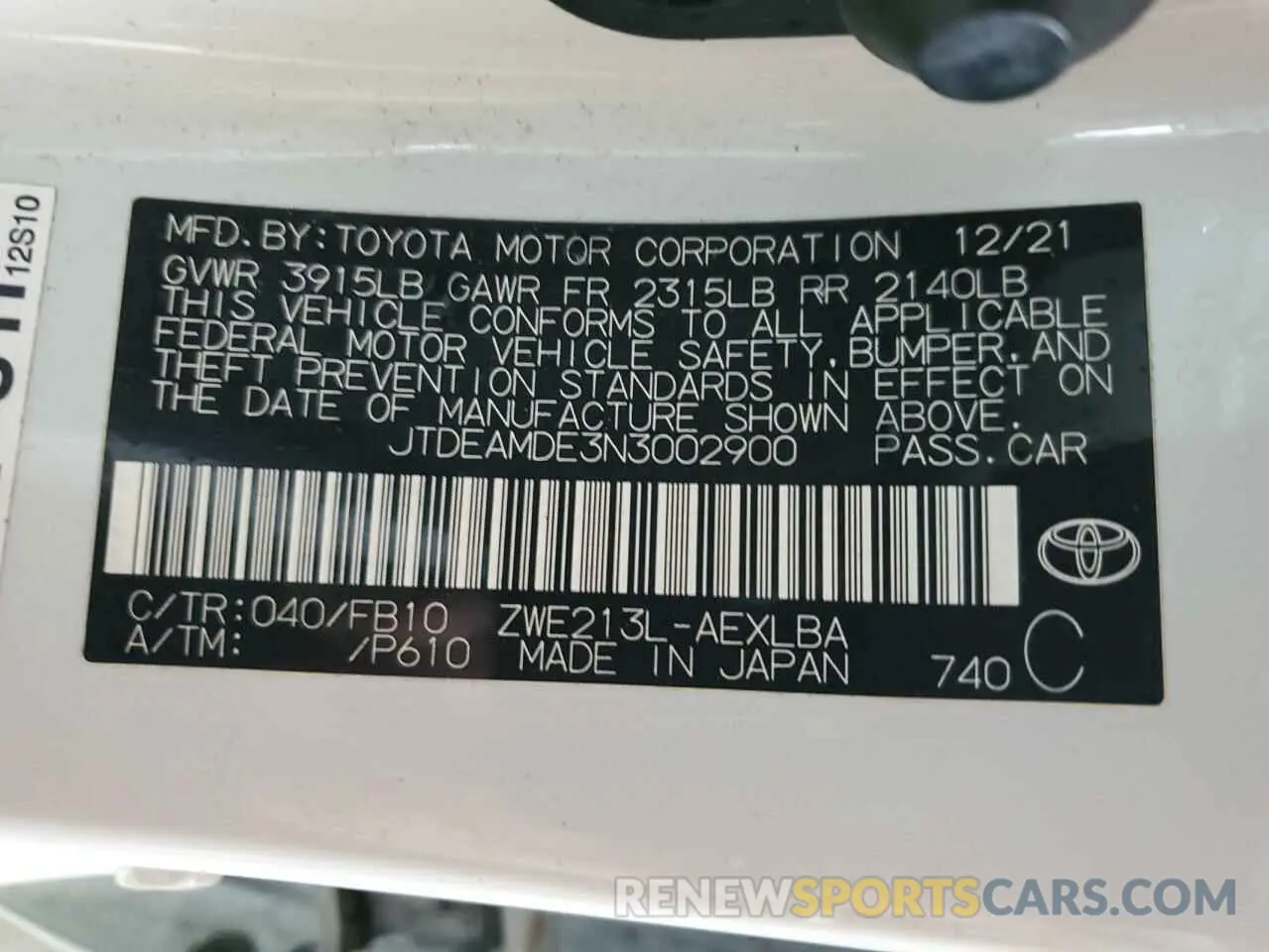 12 Photograph of a damaged car JTDEAMDE3N3002900 TOYOTA COROLLA 2022