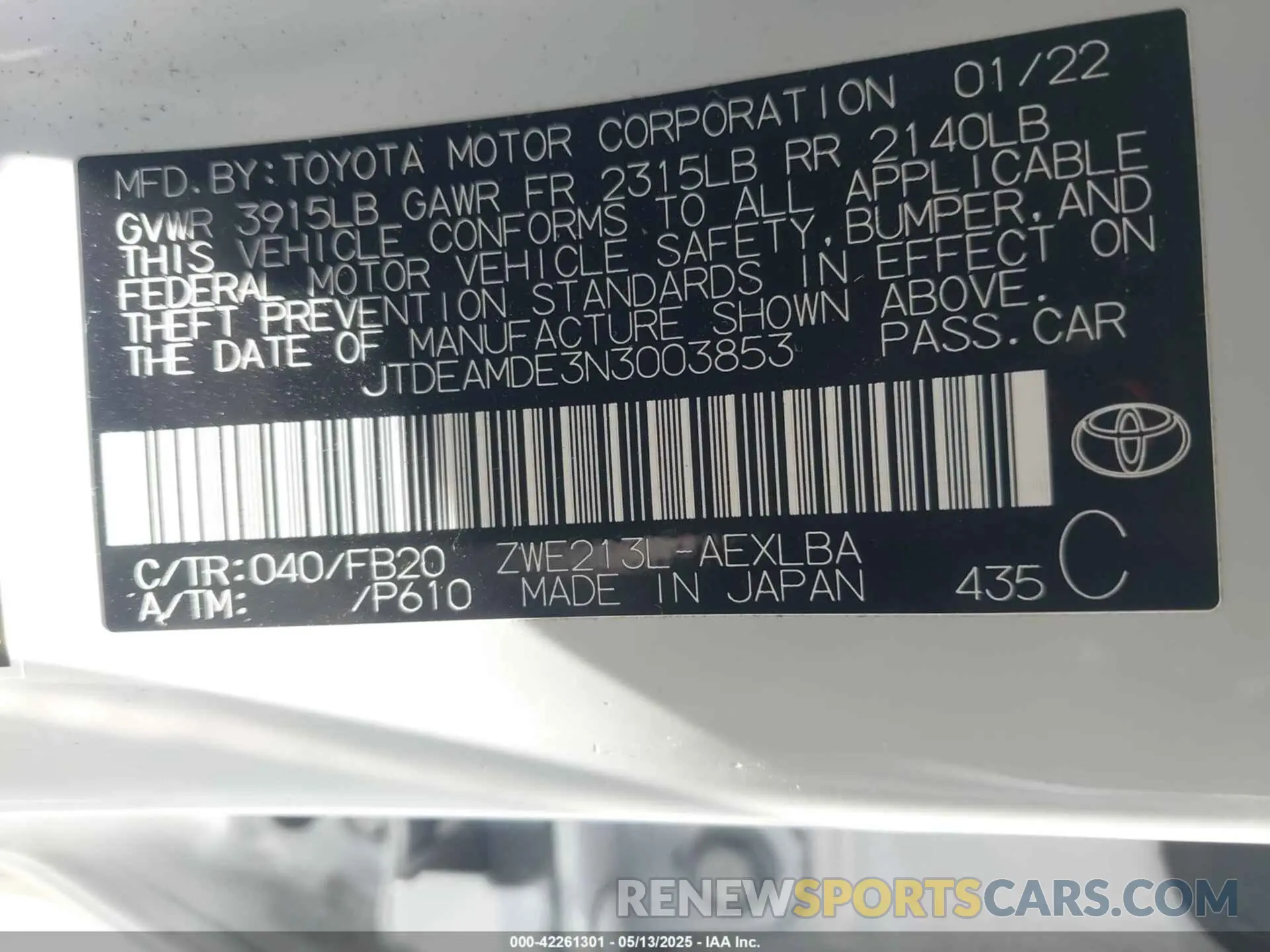 9 Photograph of a damaged car JTDEAMDE3N3003853 TOYOTA COROLLA 2022