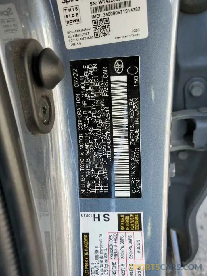 13 Photograph of a damaged car JTDEAMDE3N3012844 TOYOTA COROLLA 2022