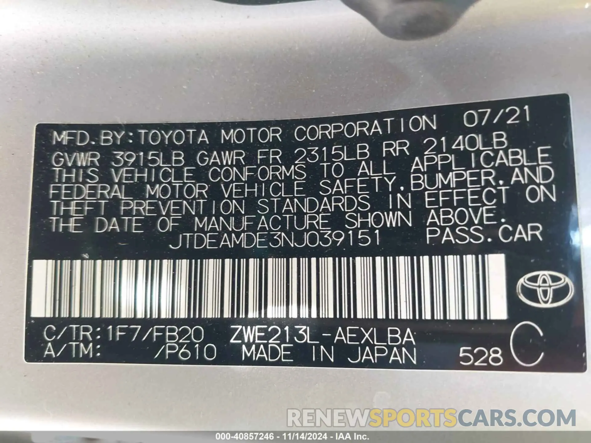 9 Photograph of a damaged car JTDEAMDE3NJ039151 TOYOTA COROLLA 2022