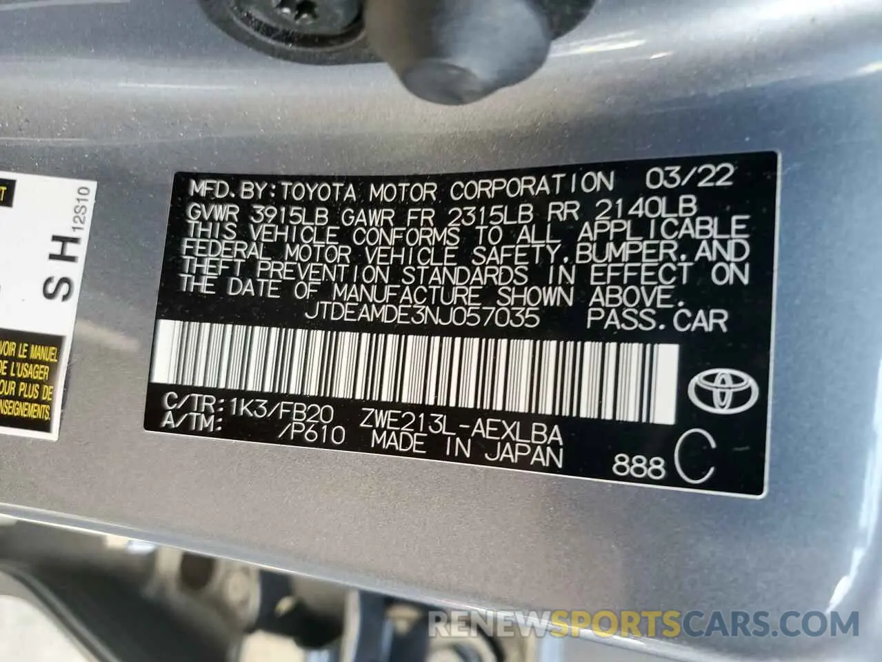 12 Photograph of a damaged car JTDEAMDE3NJ057035 TOYOTA COROLLA 2022