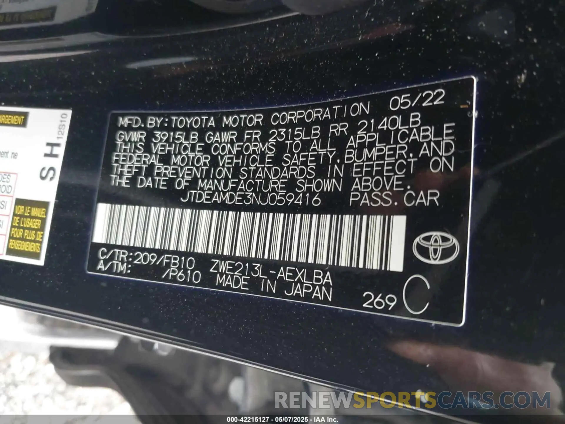 9 Photograph of a damaged car JTDEAMDE3NJ059416 TOYOTA COROLLA 2022
