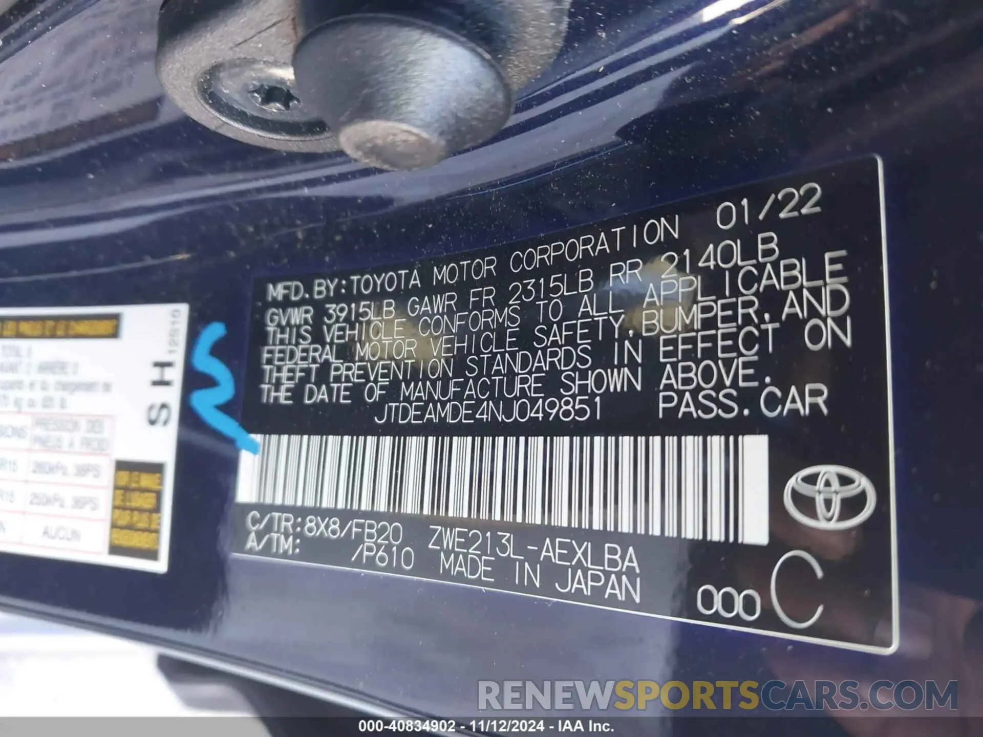 9 Photograph of a damaged car JTDEAMDE4NJ049851 TOYOTA COROLLA 2022