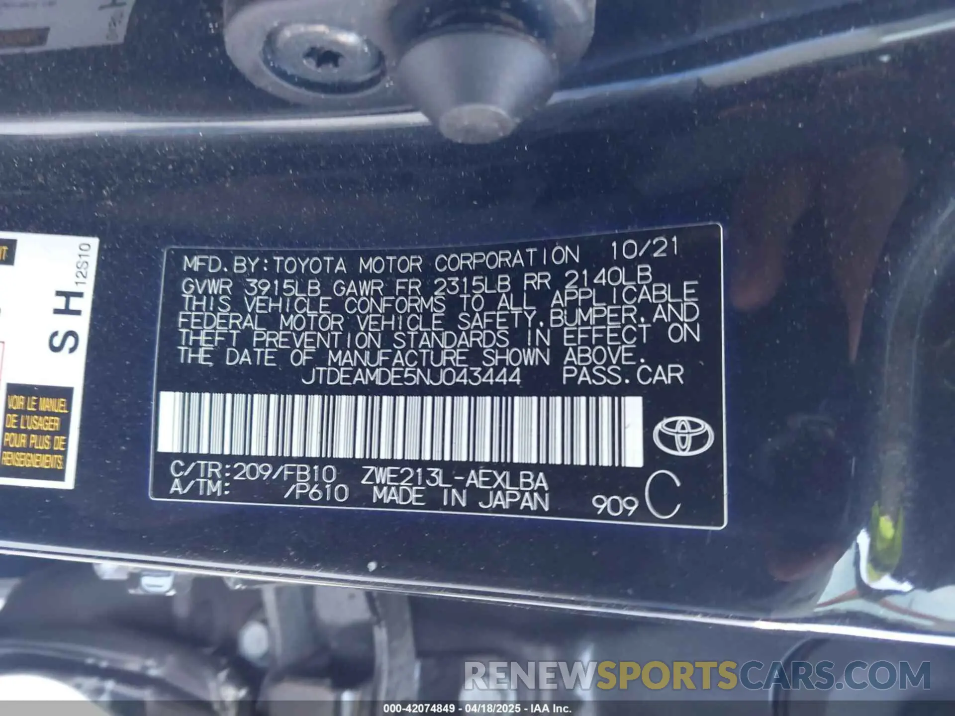 9 Photograph of a damaged car JTDEAMDE5NJ043444 TOYOTA COROLLA 2022