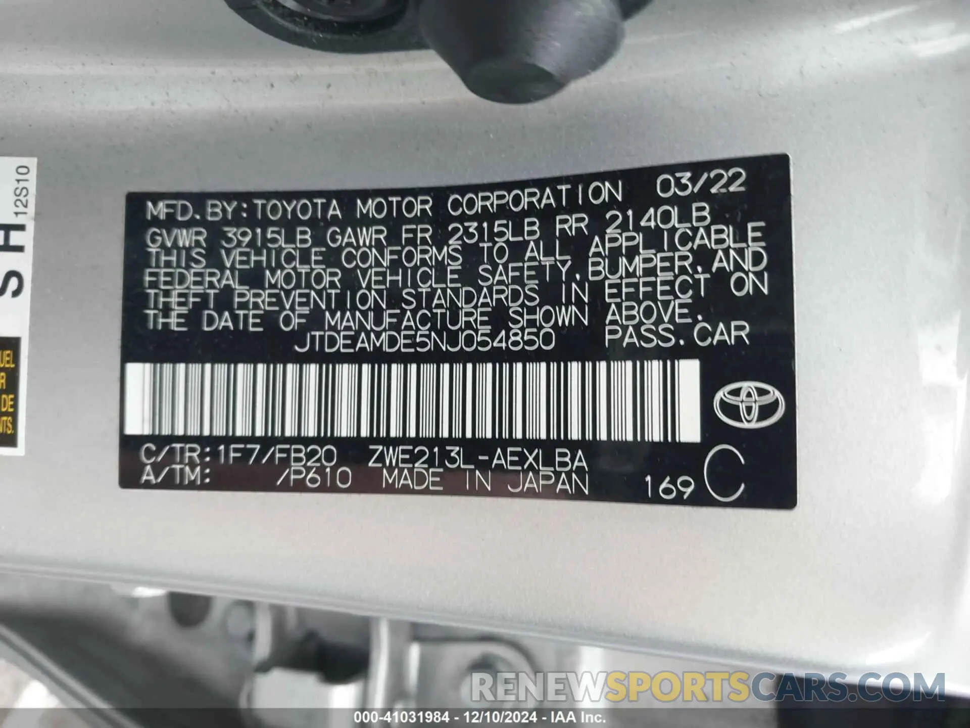 9 Photograph of a damaged car JTDEAMDE5NJ054850 TOYOTA COROLLA 2022