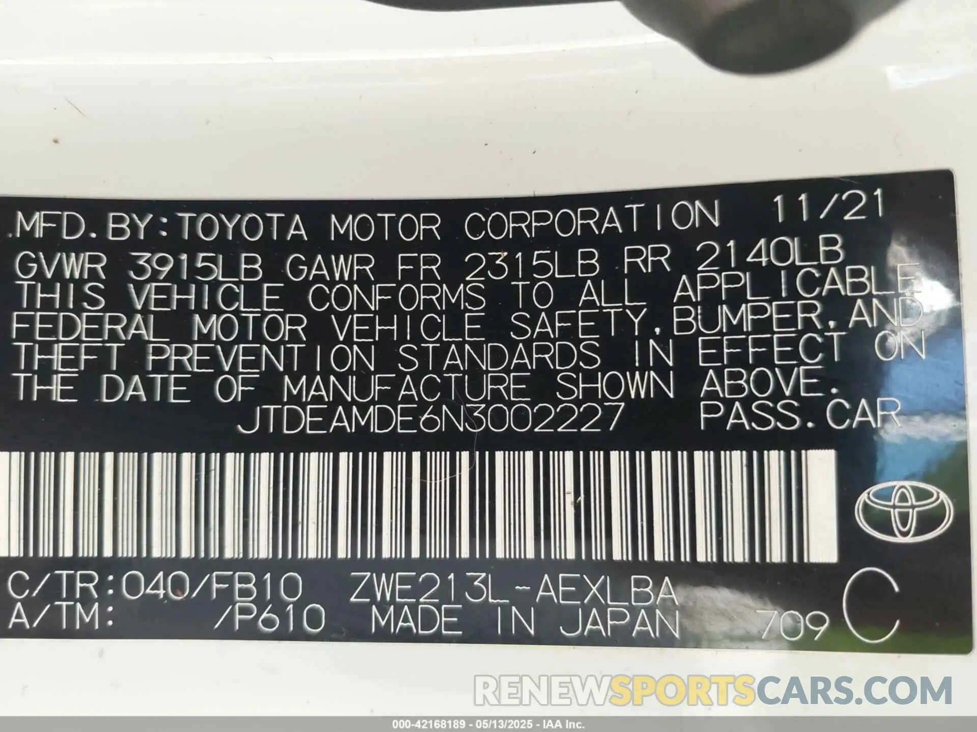 9 Photograph of a damaged car JTDEAMDE6N3002227 TOYOTA COROLLA 2022