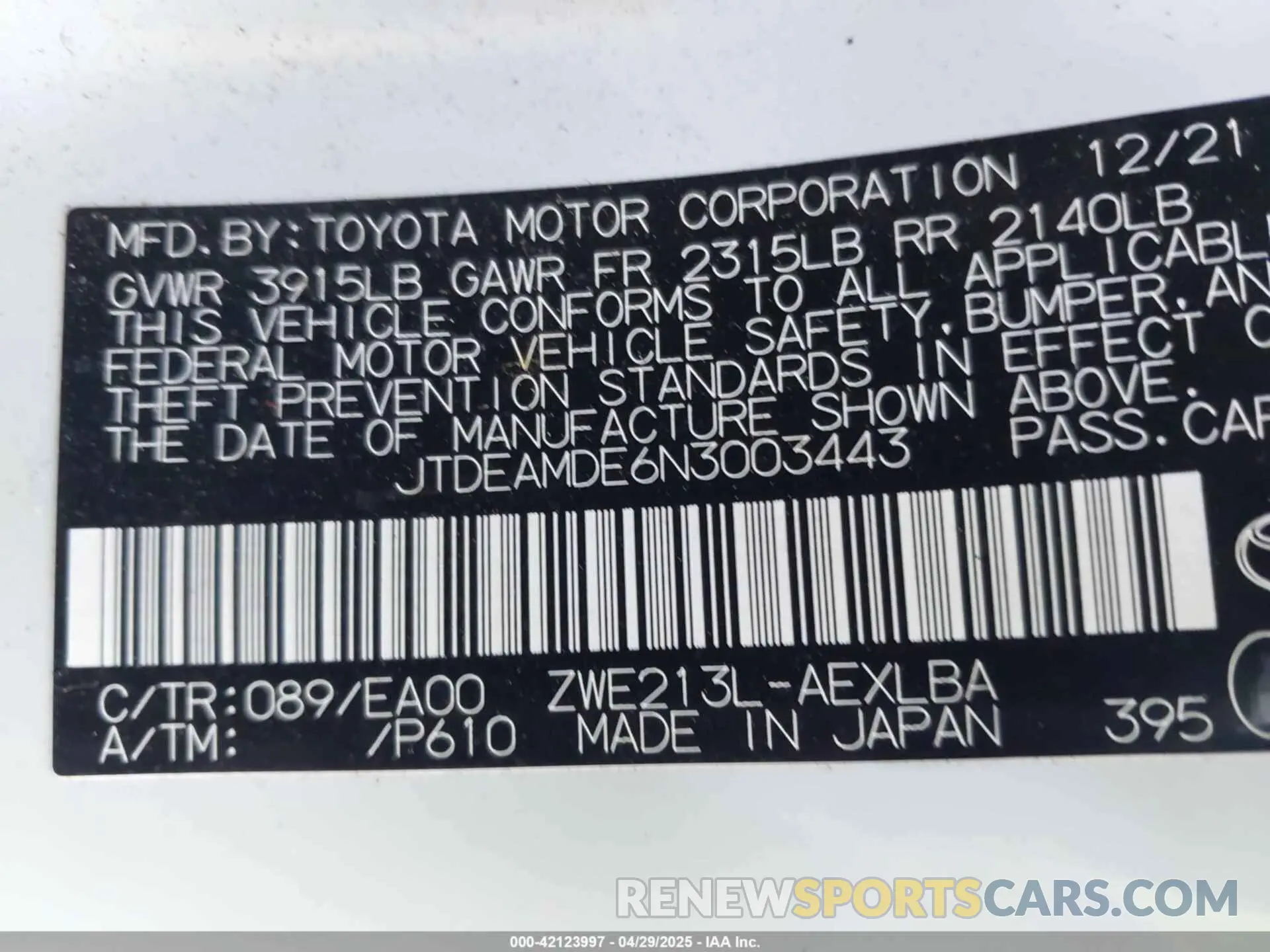 9 Photograph of a damaged car JTDEAMDE6N3003443 TOYOTA COROLLA 2022