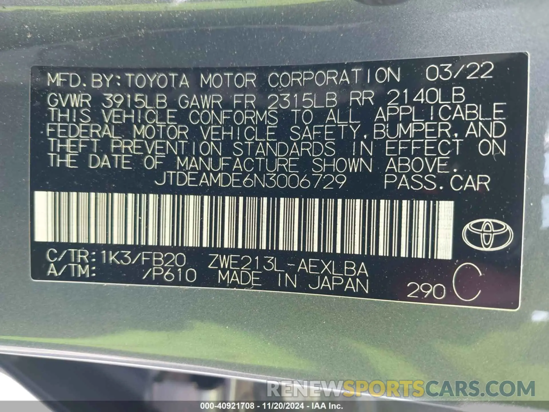 9 Photograph of a damaged car JTDEAMDE6N3006729 TOYOTA COROLLA 2022