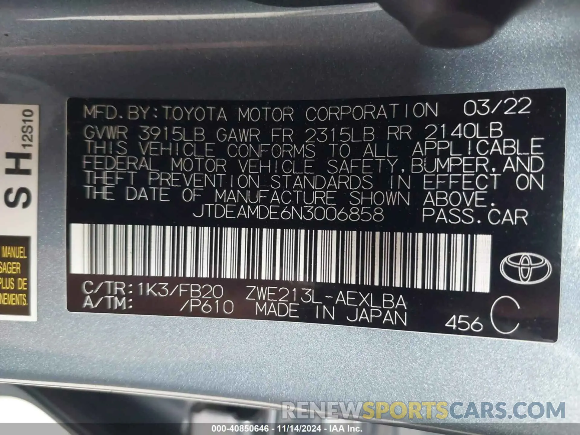 9 Photograph of a damaged car JTDEAMDE6N3006858 TOYOTA COROLLA 2022