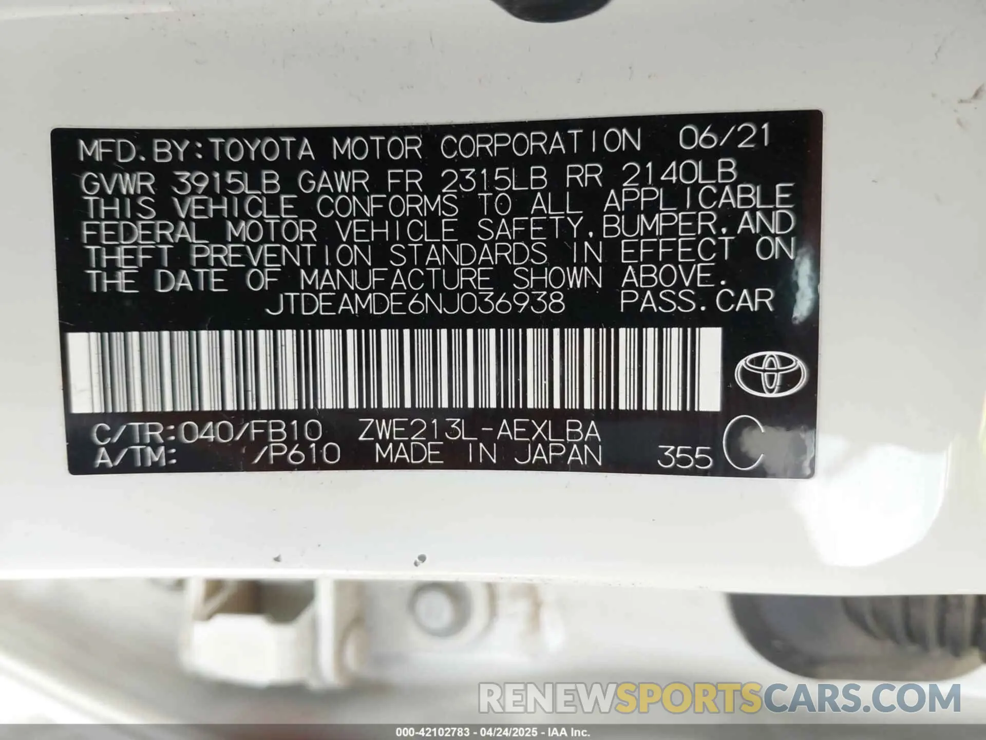 9 Photograph of a damaged car JTDEAMDE6NJ036938 TOYOTA COROLLA 2022