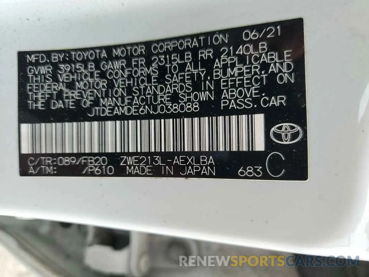 14 Photograph of a damaged car JTDEAMDE6NJ038088 TOYOTA COROLLA 2022