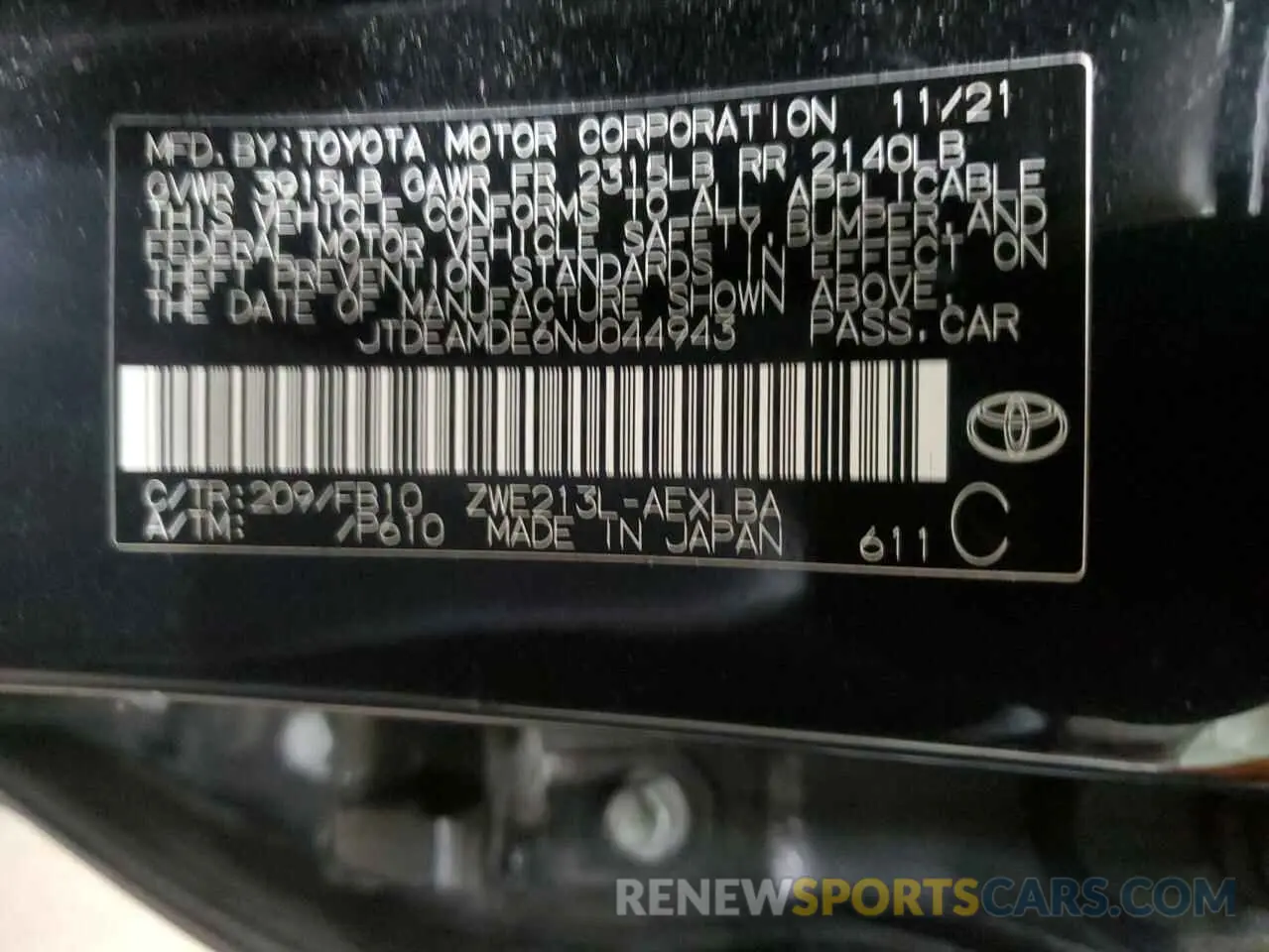 13 Photograph of a damaged car JTDEAMDE6NJ044943 TOYOTA COROLLA 2022