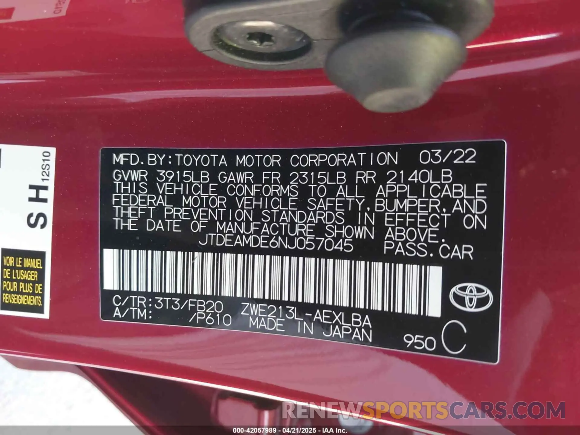 9 Photograph of a damaged car JTDEAMDE6NJ057045 TOYOTA COROLLA 2022