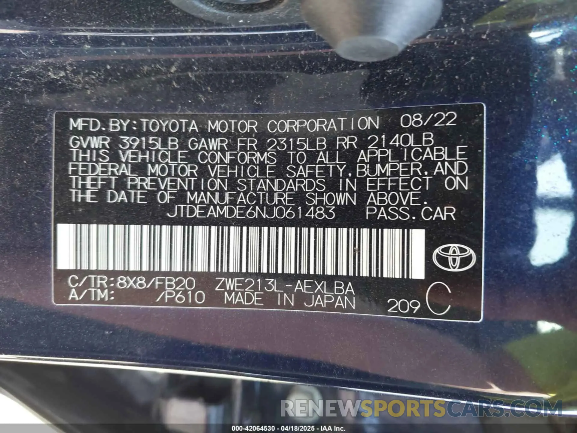 9 Photograph of a damaged car JTDEAMDE6NJ061483 TOYOTA COROLLA 2022