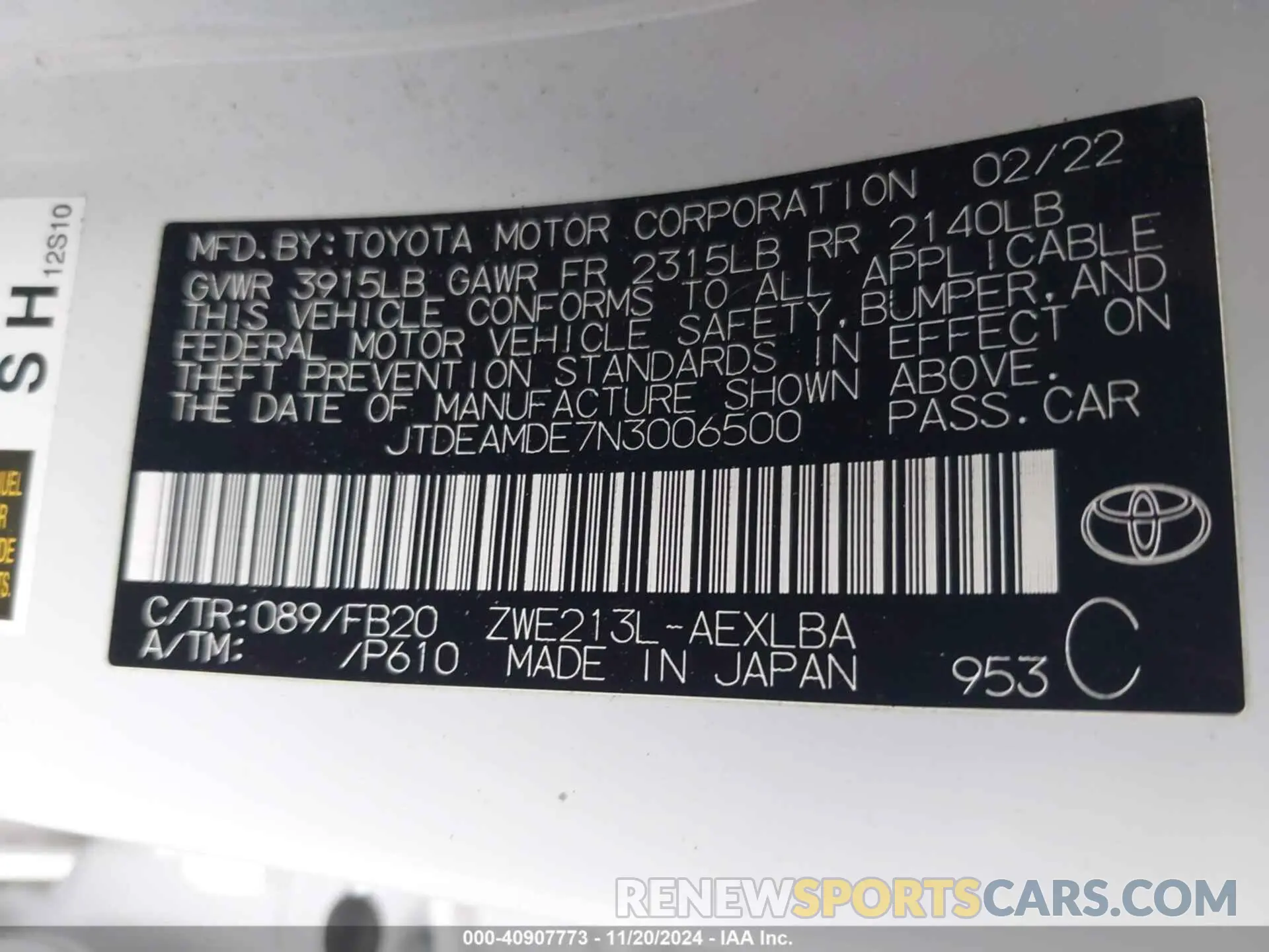 9 Photograph of a damaged car JTDEAMDE7N3006500 TOYOTA COROLLA 2022