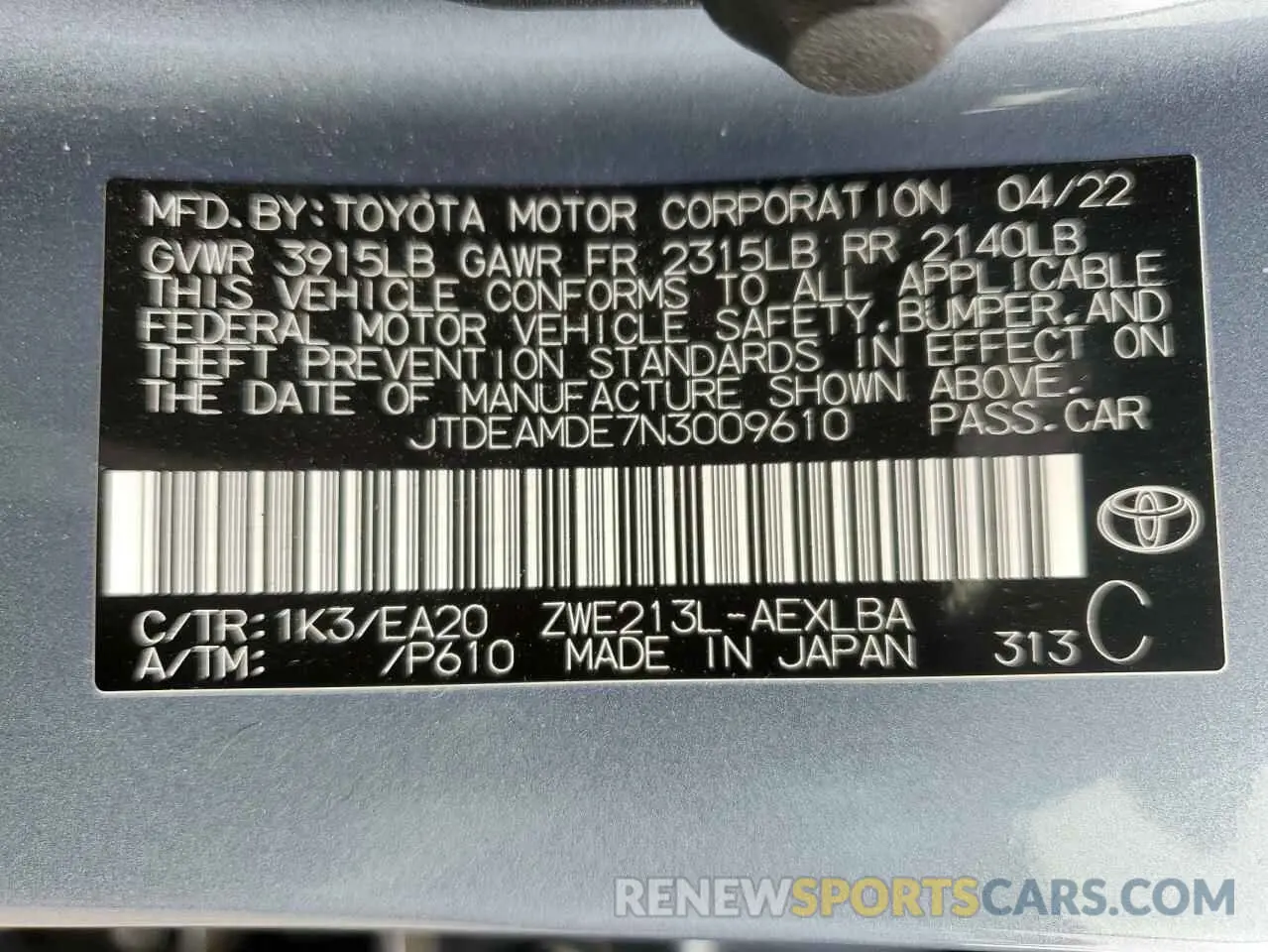 12 Photograph of a damaged car JTDEAMDE7N3009610 TOYOTA COROLLA 2022