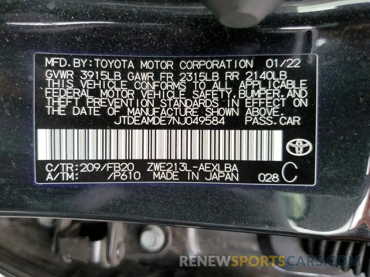 13 Photograph of a damaged car JTDEAMDE7NJ049584 TOYOTA COROLLA 2022