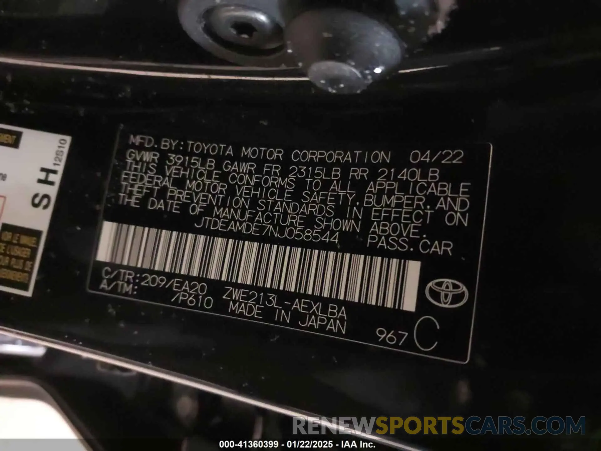 9 Photograph of a damaged car JTDEAMDE7NJ058544 TOYOTA COROLLA 2022