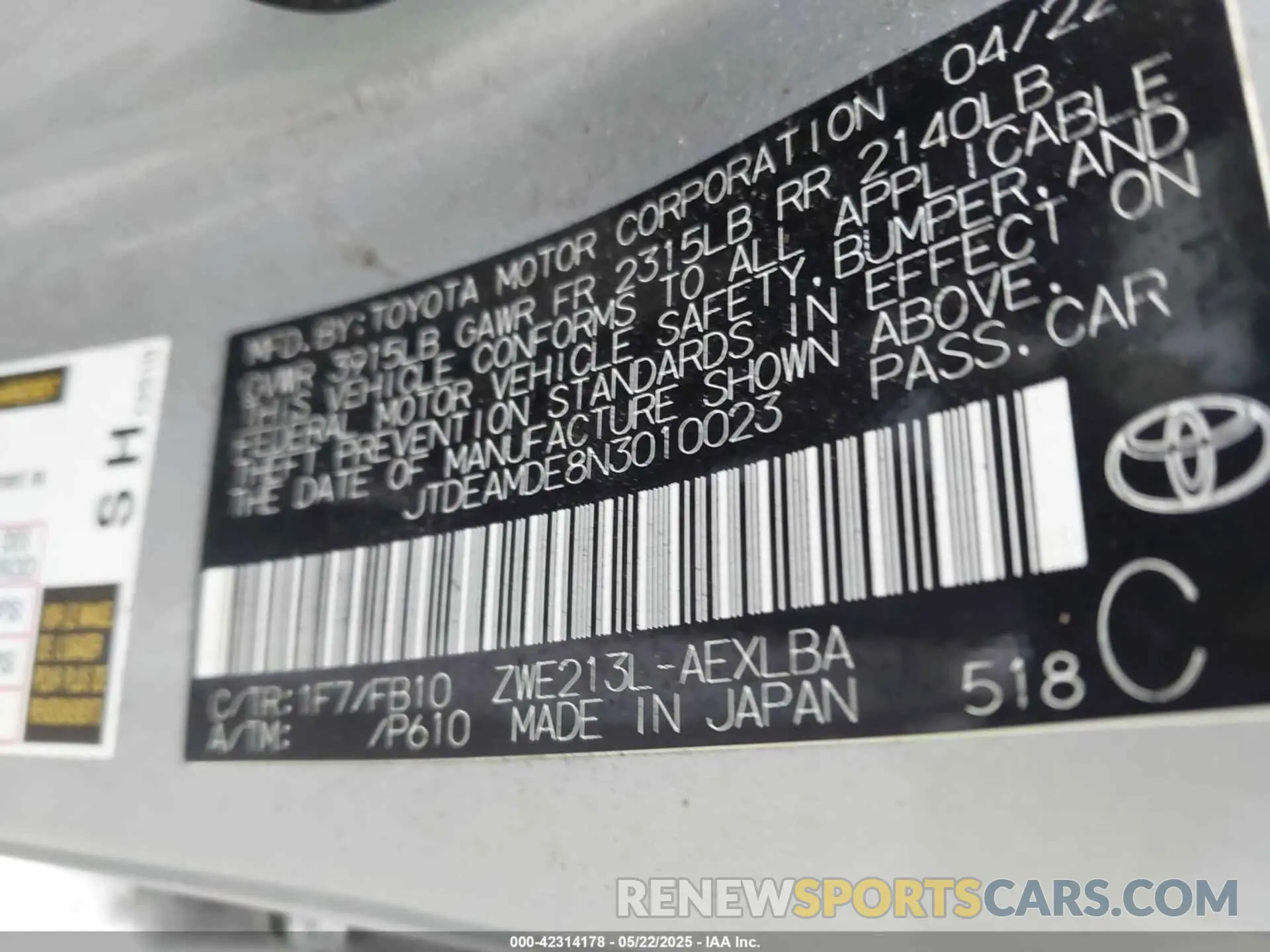 9 Photograph of a damaged car JTDEAMDE8N3010023 TOYOTA COROLLA 2022