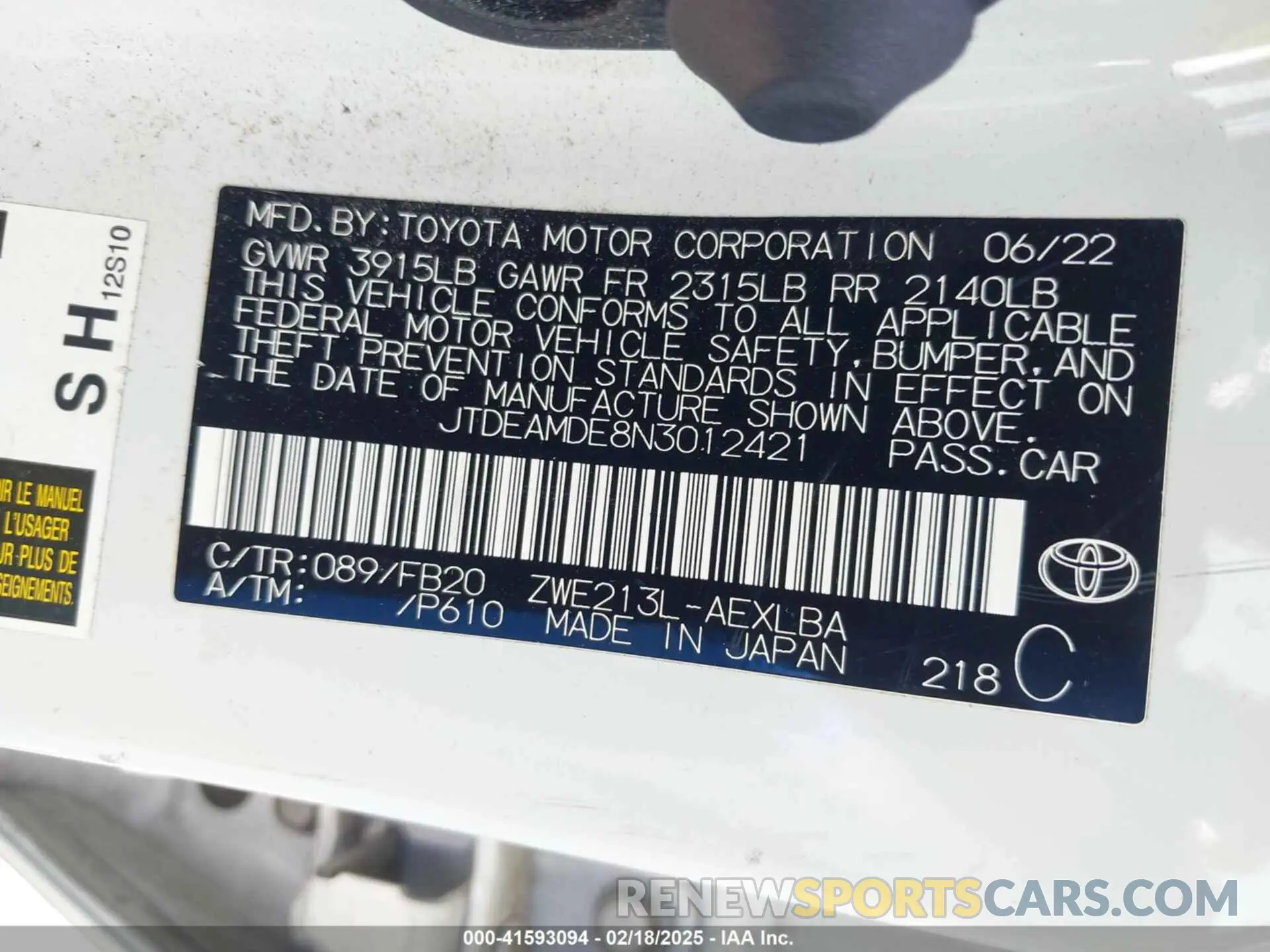 9 Photograph of a damaged car JTDEAMDE8N3012421 TOYOTA COROLLA 2022