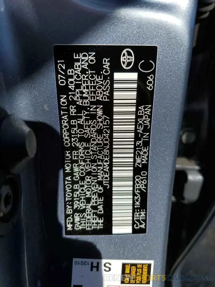15 Photograph of a damaged car JTDEAMDE8NJ042157 TOYOTA COROLLA 2022