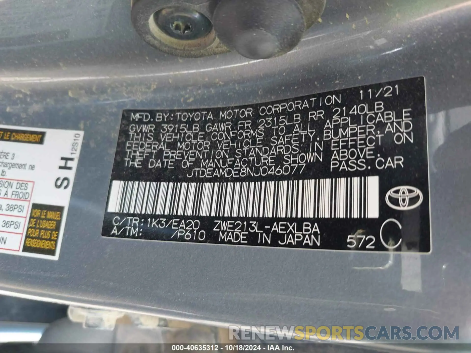 9 Photograph of a damaged car JTDEAMDE8NJ046077 TOYOTA COROLLA 2022