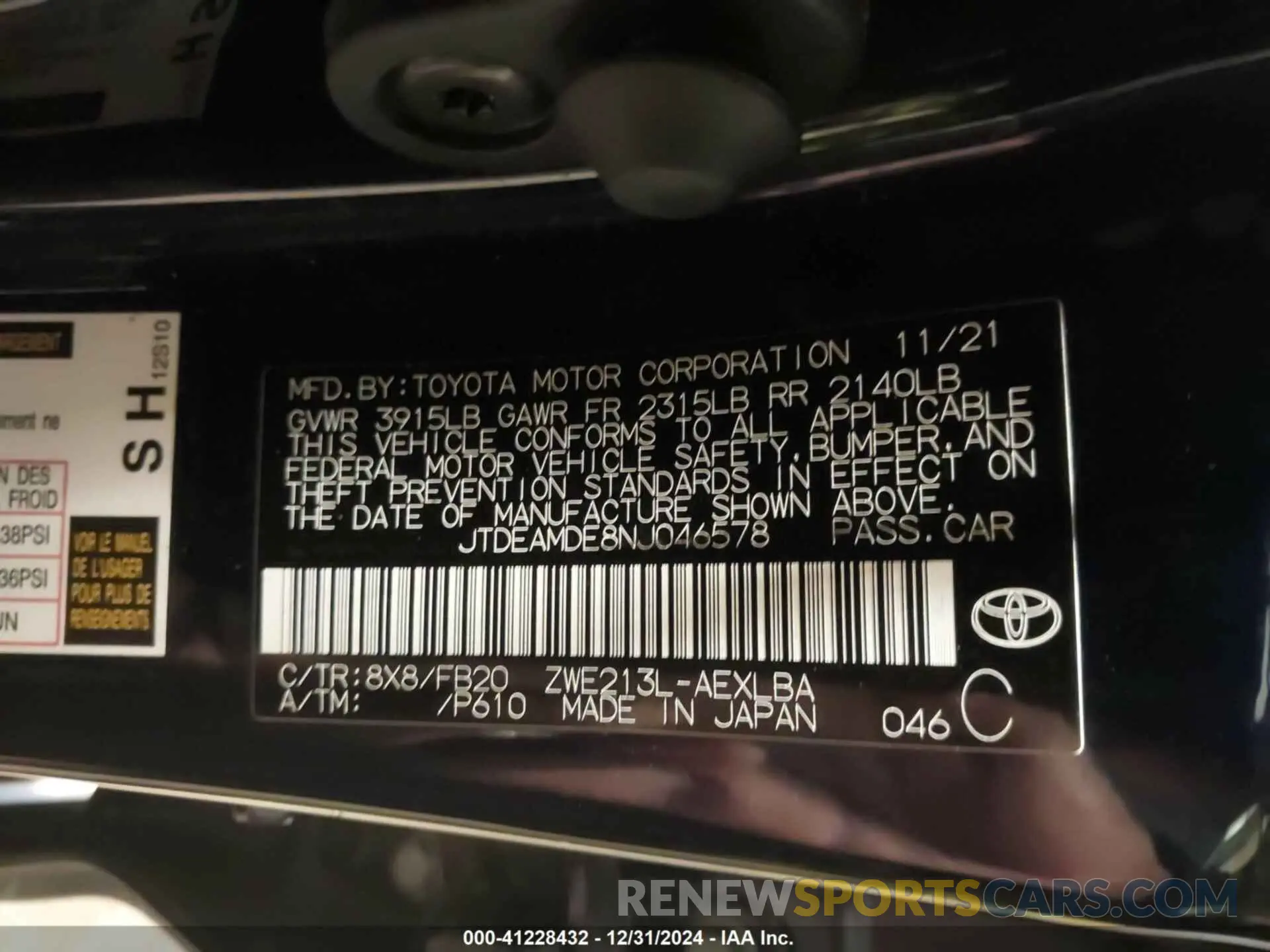 9 Photograph of a damaged car JTDEAMDE8NJ046578 TOYOTA COROLLA 2022